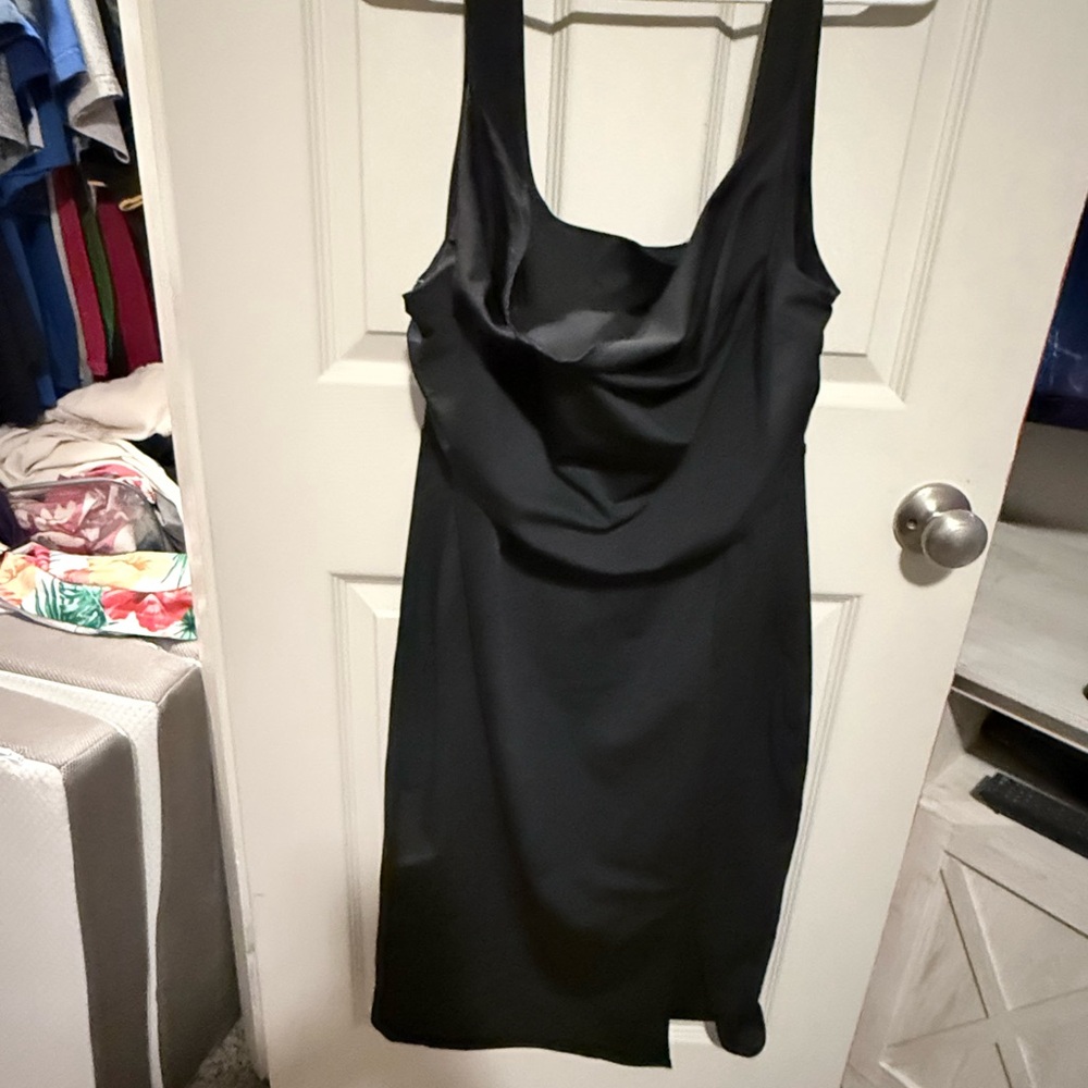 Satin Cowl Neck Black Sheath Dress - Women